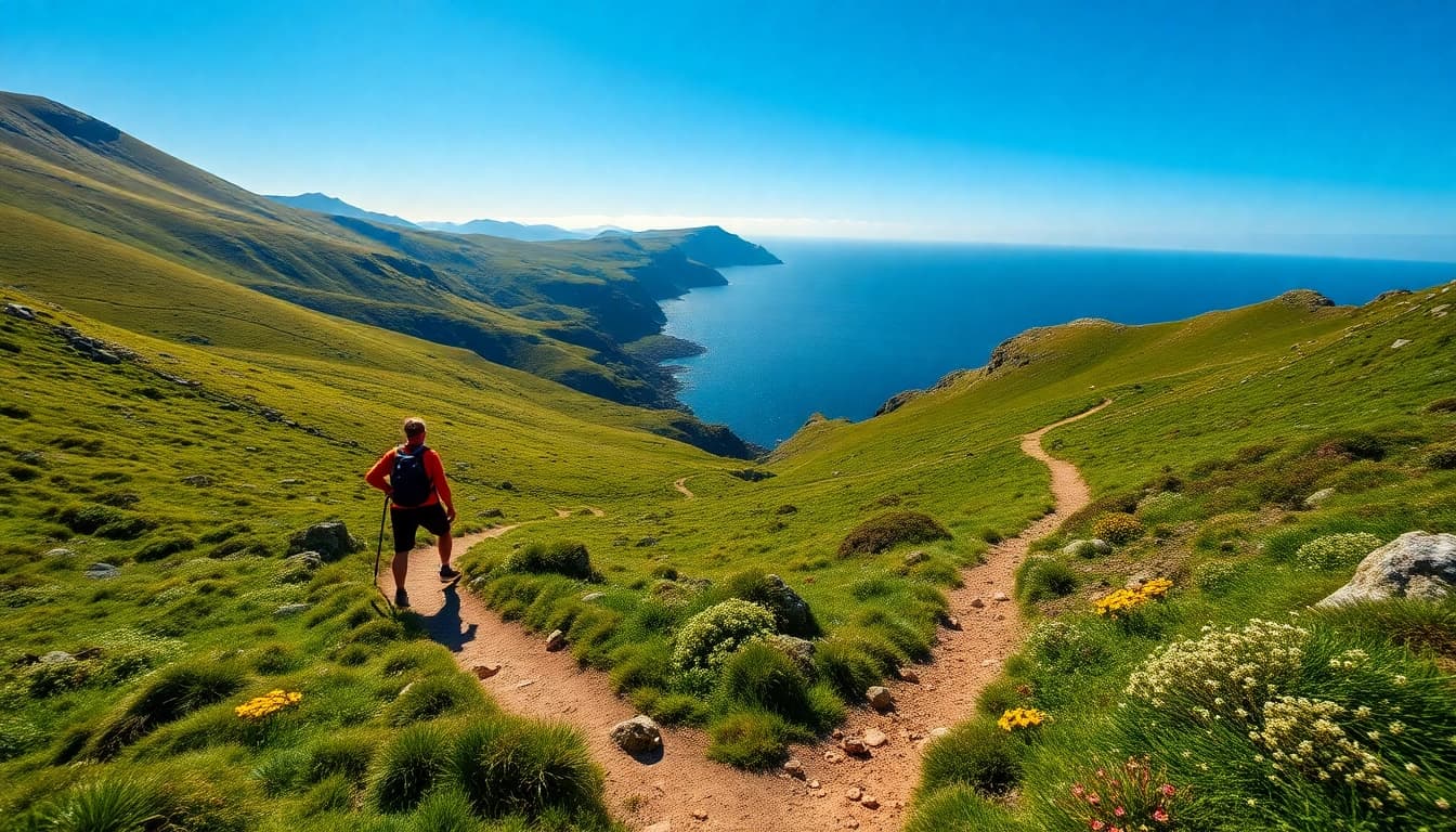 Wanderer auf dem Beara Way Irland, umgeben von üppigem Grün und atemberaubender Küstenlandschaft.