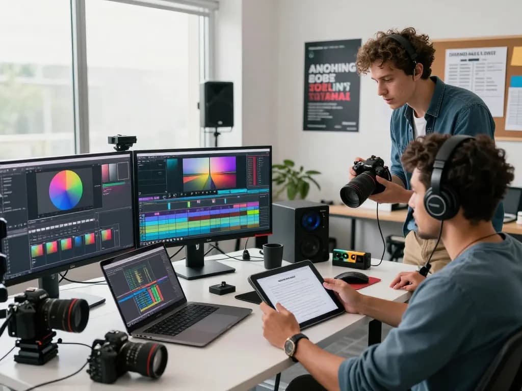 Creative team in a modern video editing suite collaborating on a project for https://7mvna.com/ with dynamic visuals.