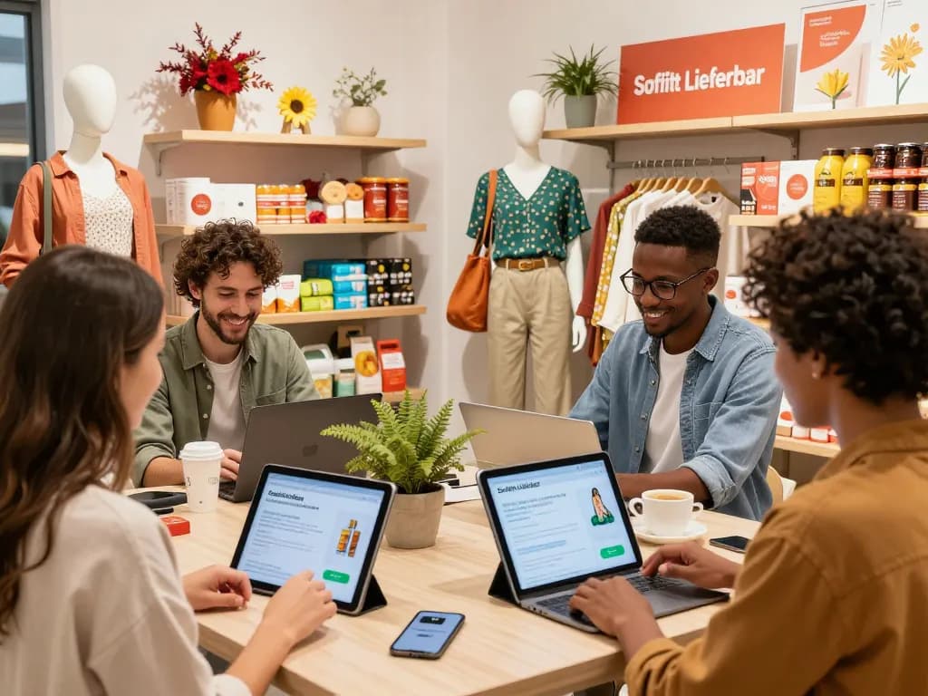 Einkäufer erkunden sofort lieferbar Produkte in einer lebhaften E-Commerce-Umgebung.