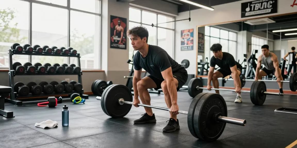Krafttraining im Deus Shop: Athlet hebt Gewichte im modernen Fitnessstudio für optimale Leistung.