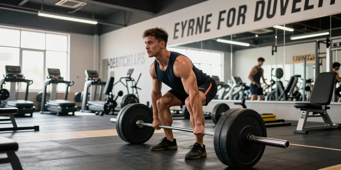 Bodybuilder im Steroidshop beim Krafttraining mit Hanteln.