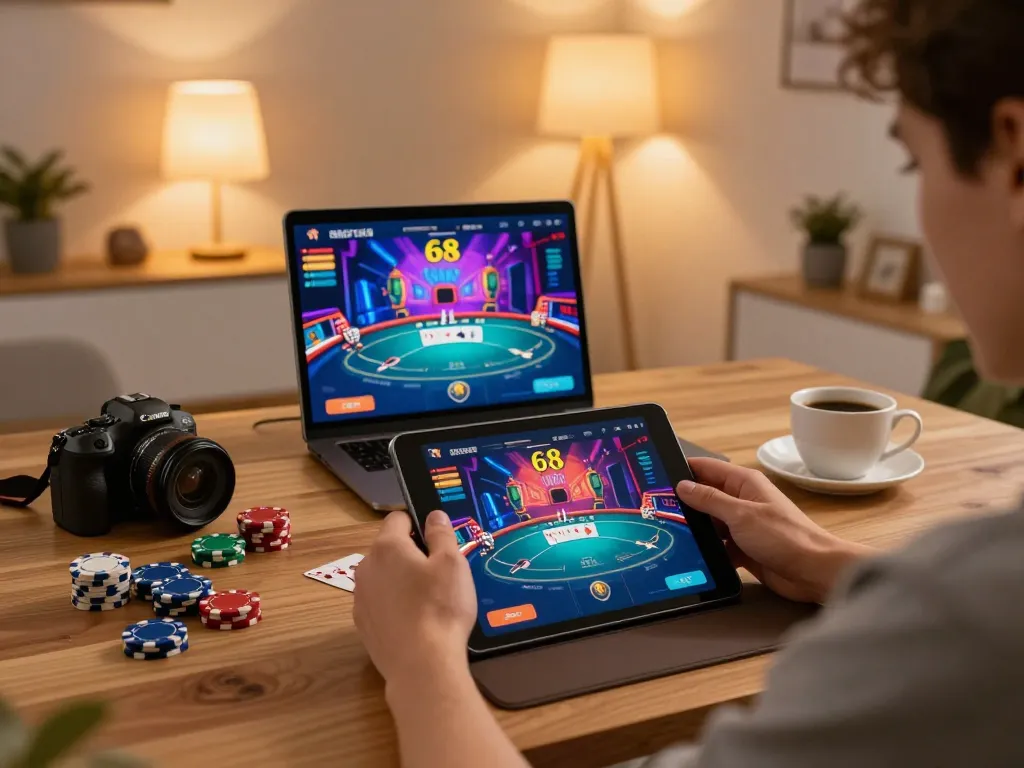 Player engaged in 68 Game Bài on tablet, showcasing poker interface with colorful visuals.