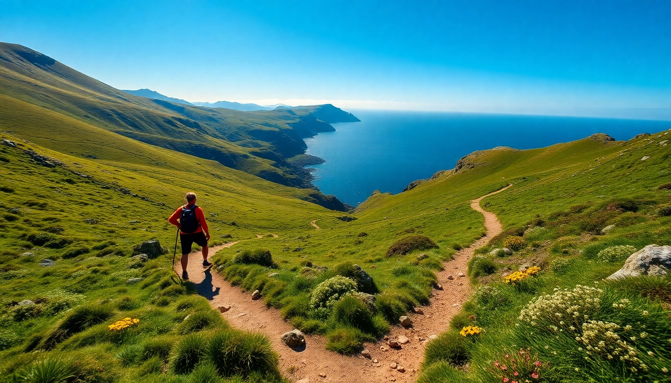 Wanderer auf dem Beara Way Irland, umgeben von üppigem Grün und atemberaubender Küstenlandschaft.