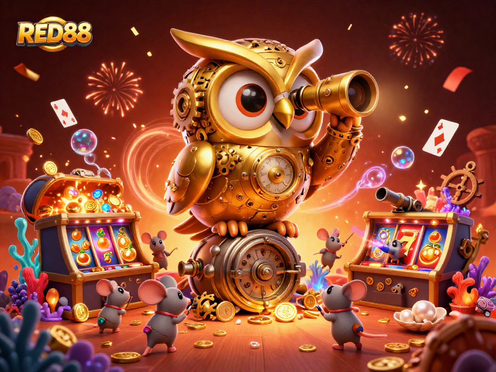Experience thrilling wins at RED88's vibrant casino with a clockwork owl and wind-up mice patrons.