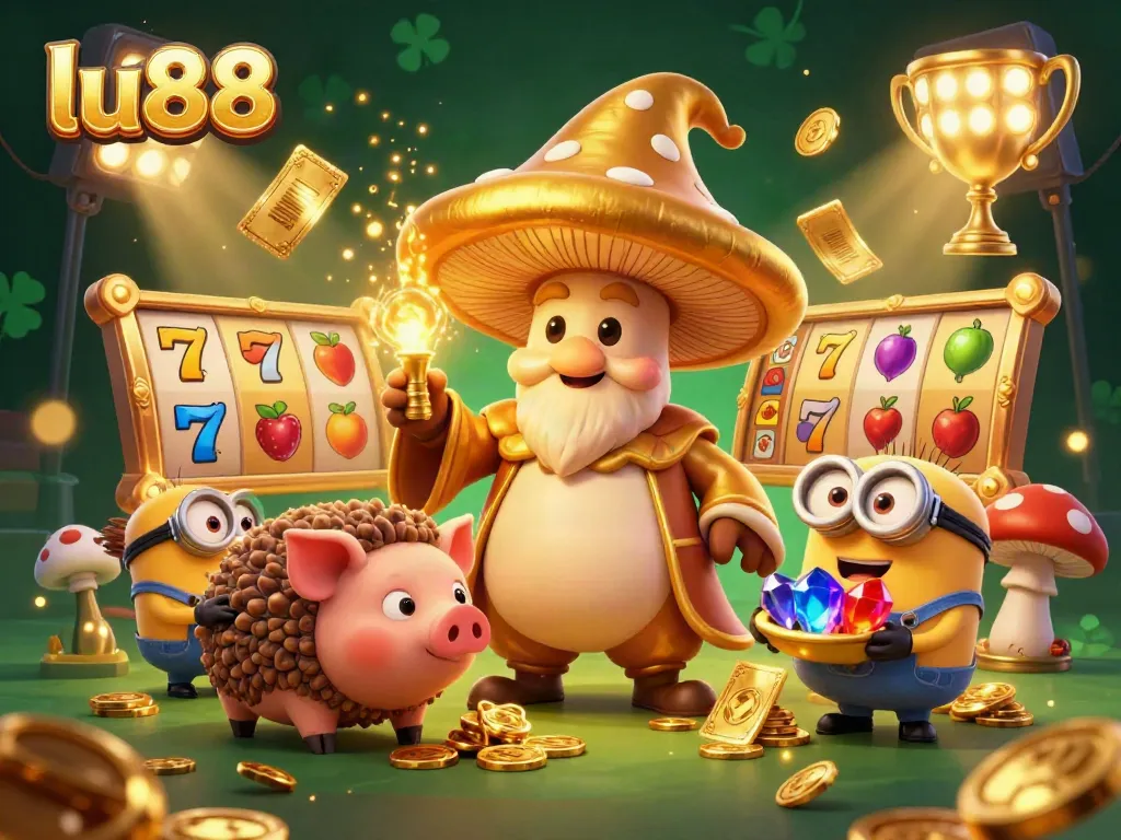 Engage with the magical world of lu88, featuring a golden mushroom wizard and treasure hunting pig in a rich casino scene.