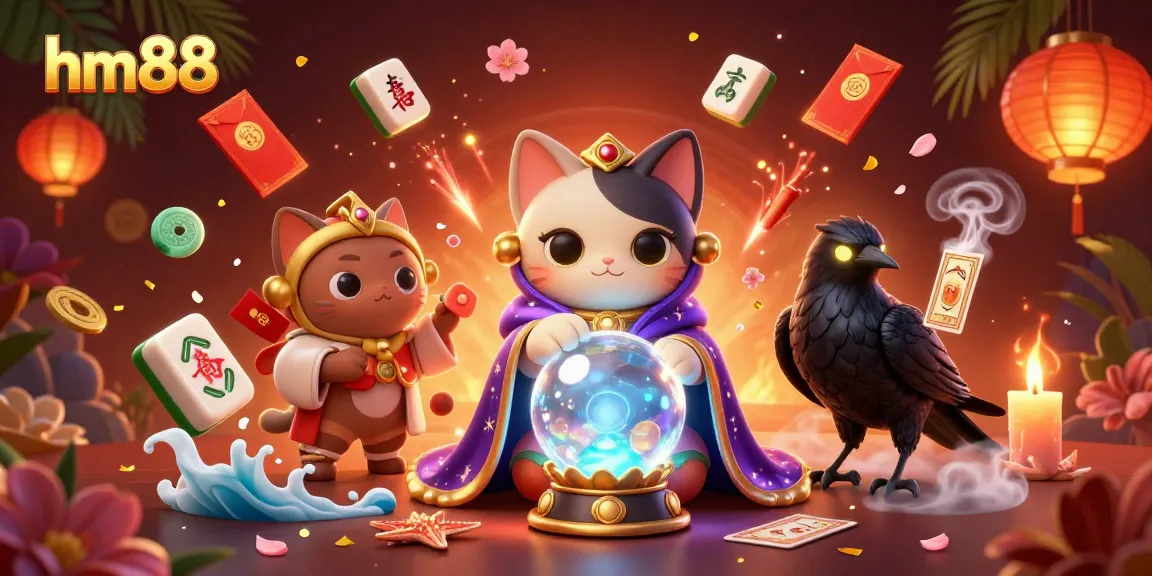 Experience the magic of hm88 with a vibrant 3D illustration of gambling elements and mystical characters.