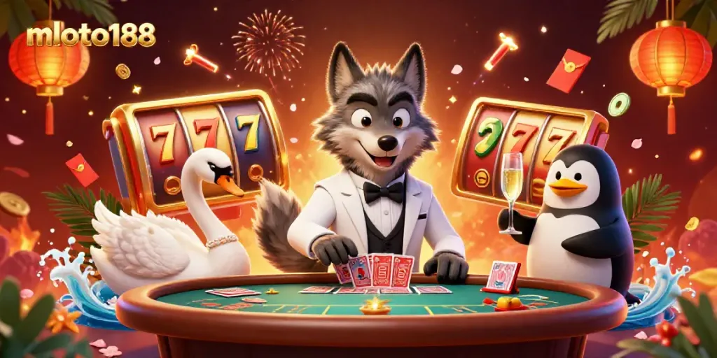 Experience thrilling baccarat moments at mloto188 with a debonair wolf dealer and an elegant swan dealer.