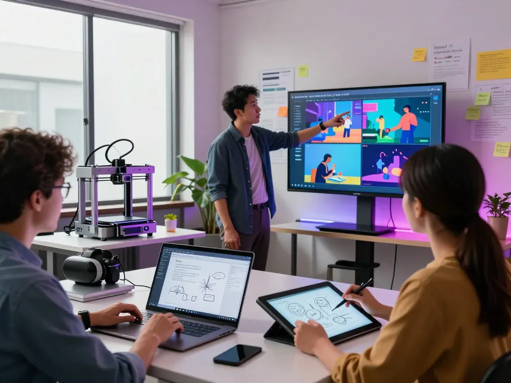 Collaborative workspace with professionals using Kling AI 2.9 for multimedia projects, showcasing innovation and creativity.