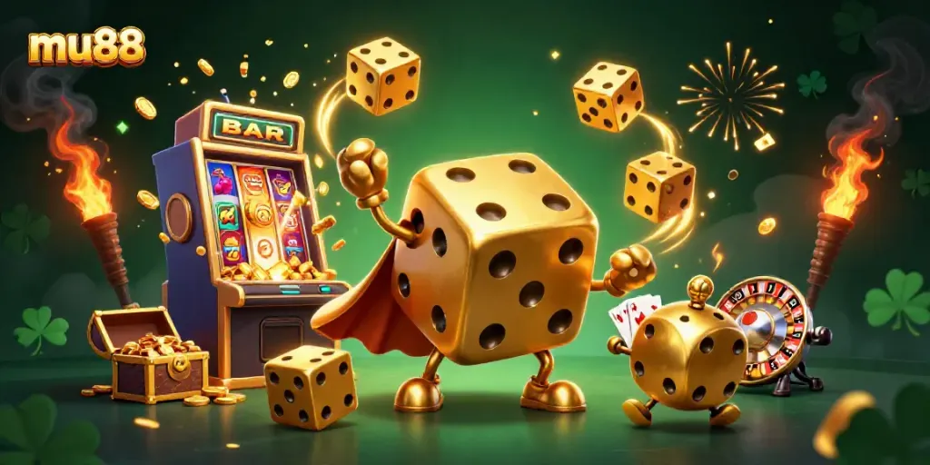 Experience the excitement of mu88 with vibrant 3D illustrations depicting casino thrills and golden rewards.