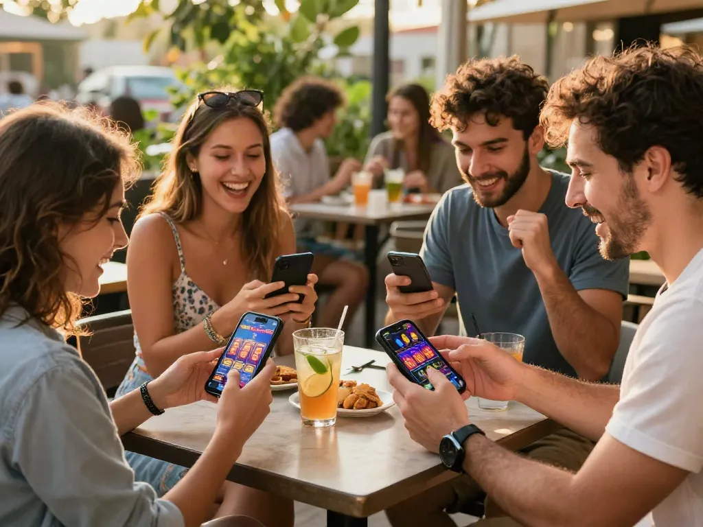 Österreichischer mobiler Casino-Vergleich: Freunde genießen mobile Casino-Spiele im Freien, Atmosphäre voller Freude und Spannung.