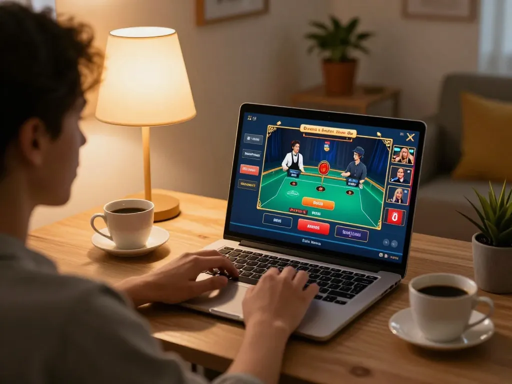 Player engaging in online casino game on cm88b laptop, showcasing immersive live dealer action.