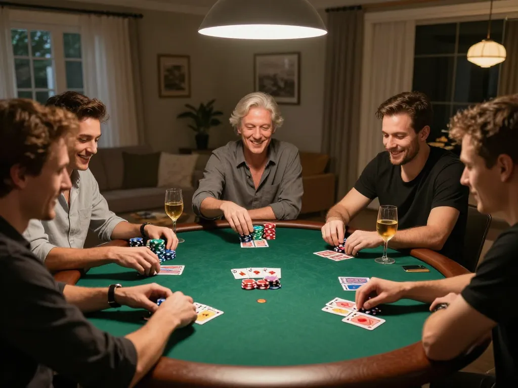 Engaged players at a home poker night enjoying da88 chips and cards, showcasing strategy and social interaction.
