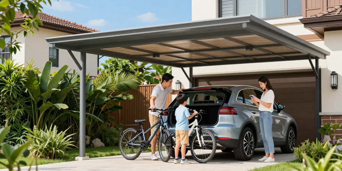 Moderne Carport mit Familie, die Fahrräder ins Auto lädt, im sonnigen Wohngebiet.