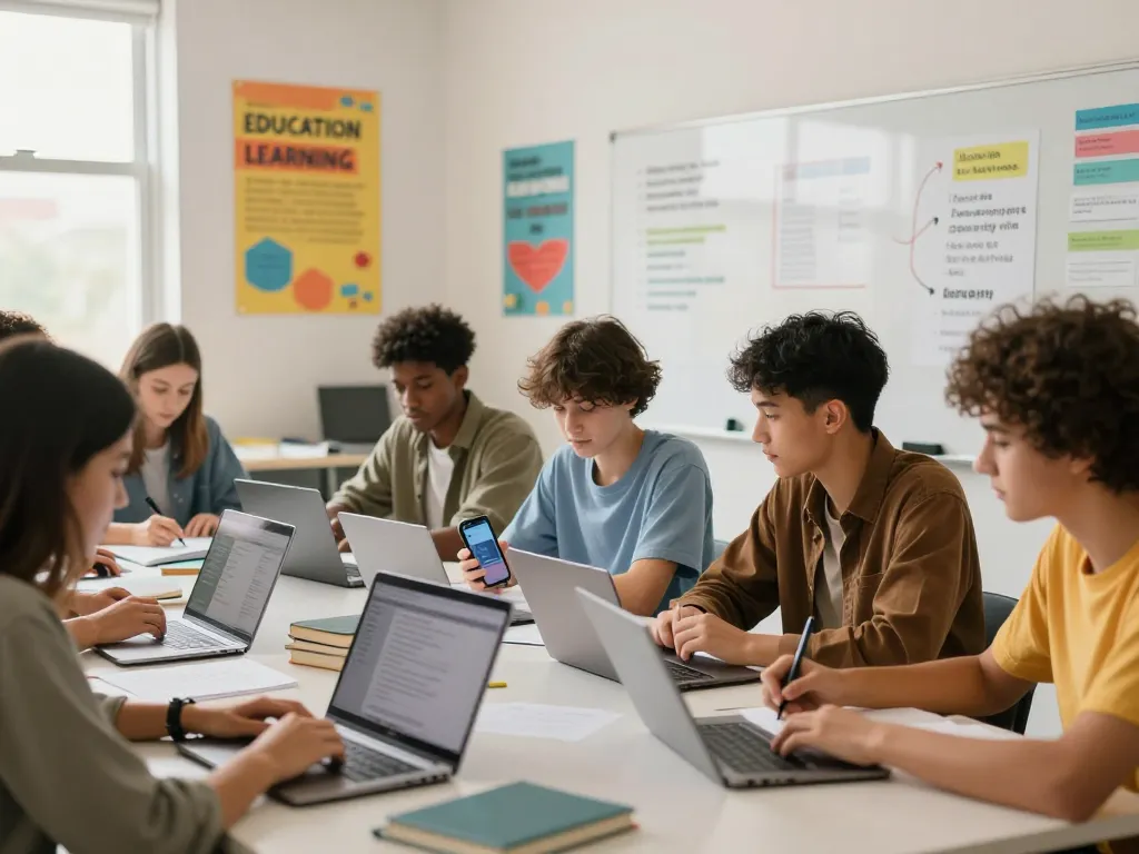 Schüler, die aktiv Hausaufgaben Löser online in einer kollaborativen Klassenzimmerumgebung nutzen, was Teamarbeit und Technologie in der Bildung zeigt.