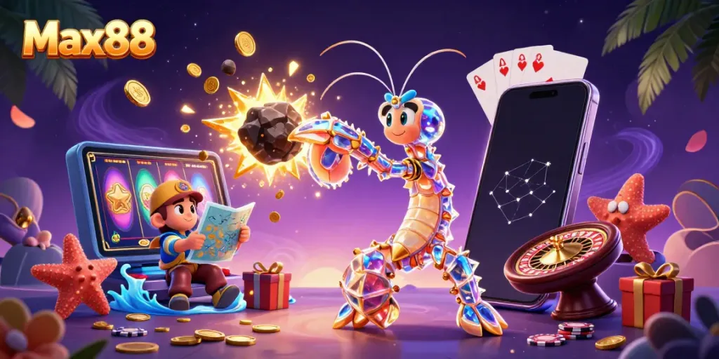 Max88: A vibrant scene highlighting a galactic samurai mantis shrimp amidst a treasure-filled cosmic casino
