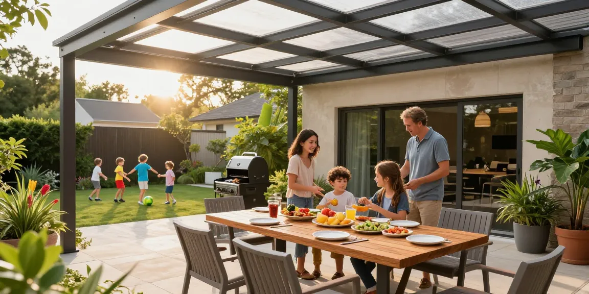 Freistehende Terrassenüberdachung mit Familie beim Grillen im Garten.