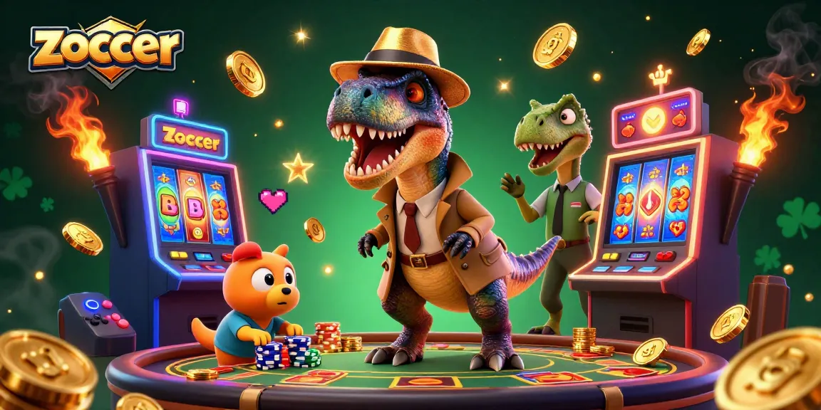 Zoccer casino scene featuring a velociraptor card counter and stegosaurus pit boss among rich slot machine elements.