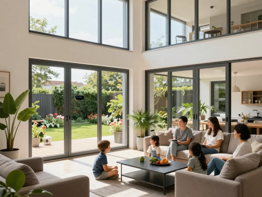 Schüco-Fenster, die das Design und die Energieeffizienz eines modernen Hauses verbessern, während eine Familie das natürliche Licht genießt.