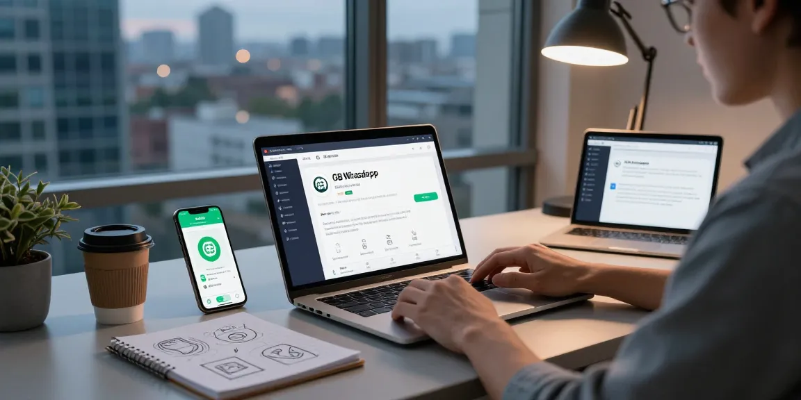GB WhatsApp download showcased on a developer's laptop in a stylish workspace with a smartphone and notepad.