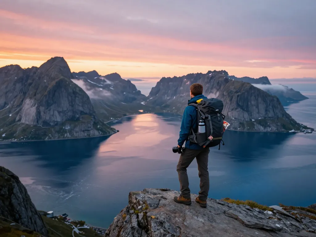 Beeindruckende Szene eines Reisenden auf den Lofoten, der Urlaub in Skandinavien mit dramatischem Sonnenuntergang und Fjorden genießt.