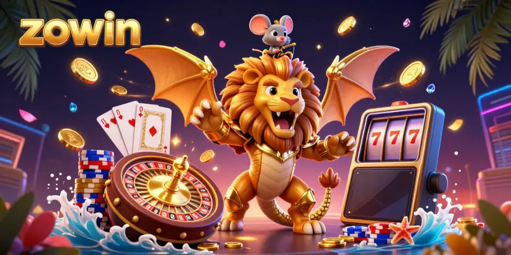 Zowin players enjoying a vibrant 3D casino scene with stunning golden elements and thrilling gameplay.