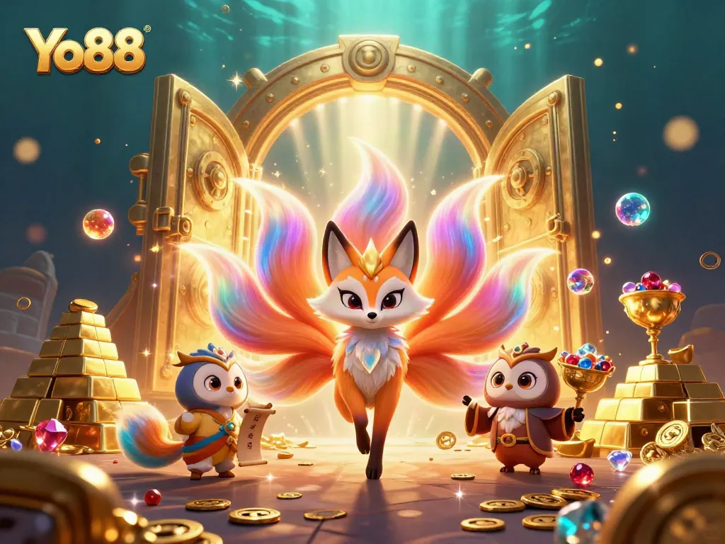 Experience the excitement of Yo88 with this colorful 3D illustration featuring vibrant characters amidst treasures and magic.