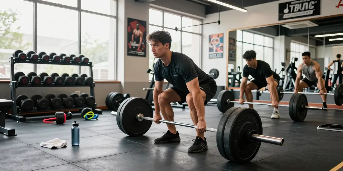 Krafttraining im Deus Shop: Athlet hebt Gewichte im modernen Fitnessstudio für optimale Leistung.