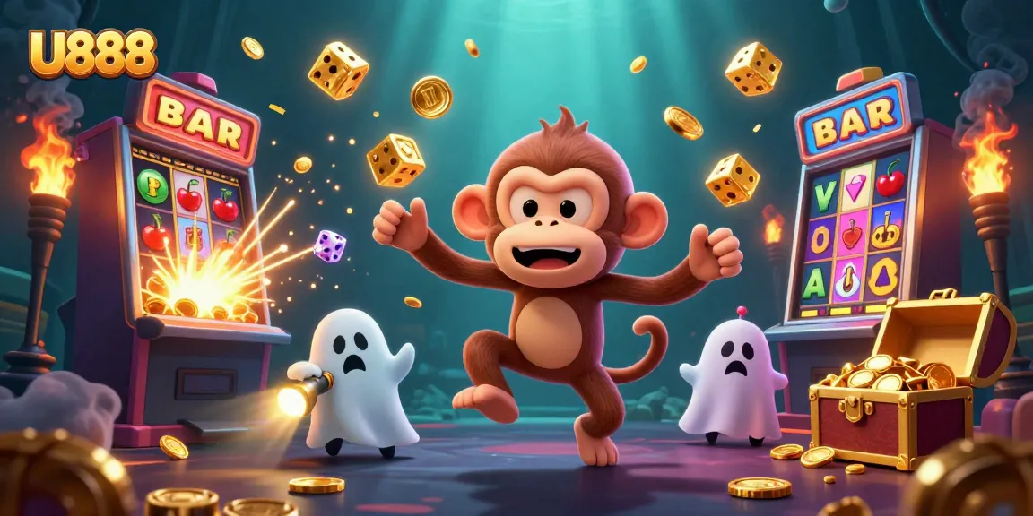 Experience thrilling gameplay at U888 with dynamic characters in a haunted casino scene.