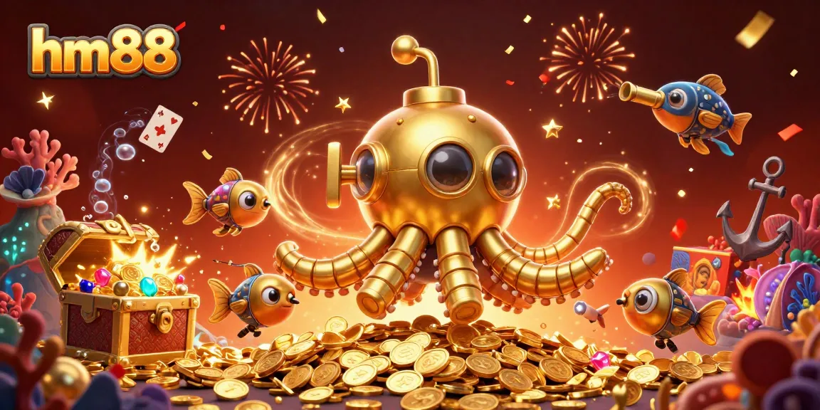 Experience thrilling games at hm88 with the kraken submarine amidst treasures and vibrant casino elements.