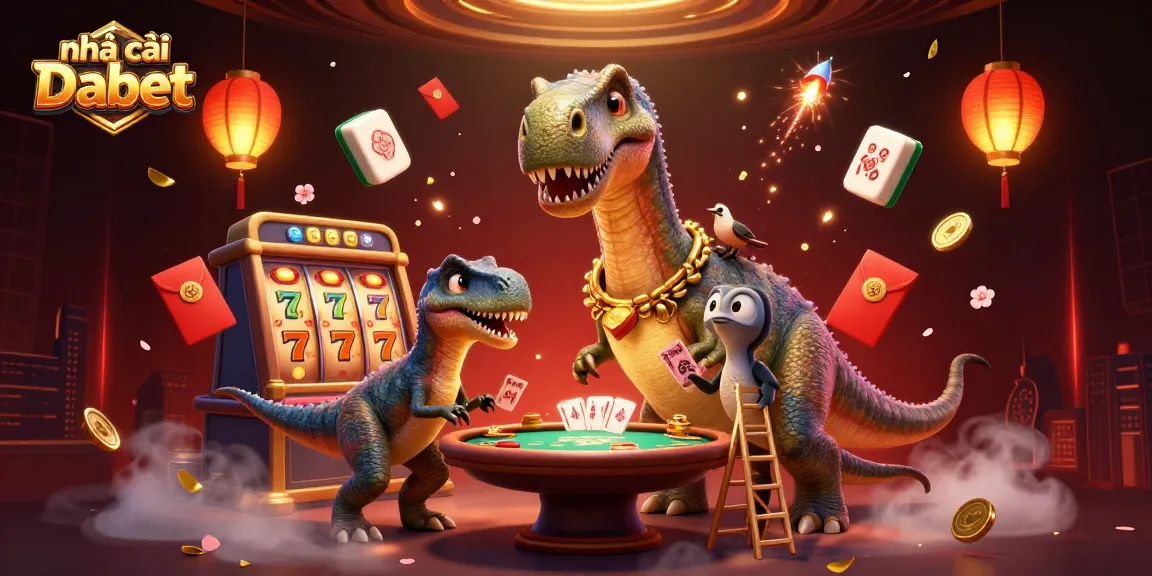 Engage with nhà cái Dabet through a vibrant casino scene with a dinosaur dealer at a poker table.