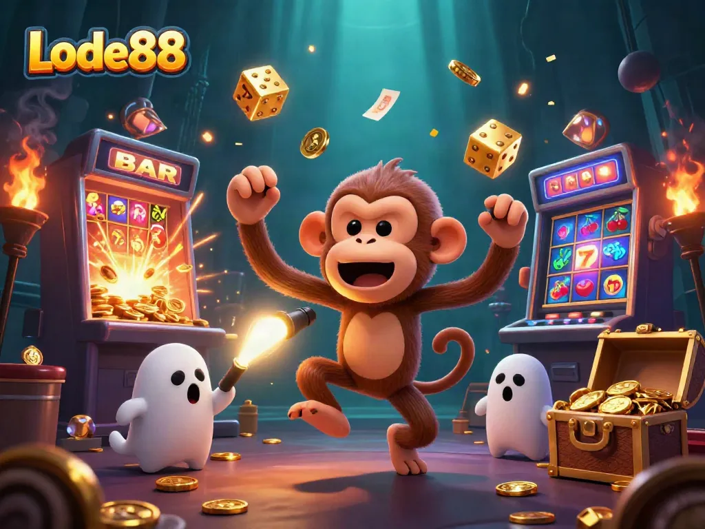 Experience the excitement of Lode88 with a jubilant monkey and a curious puppy in a vibrant casino setting.