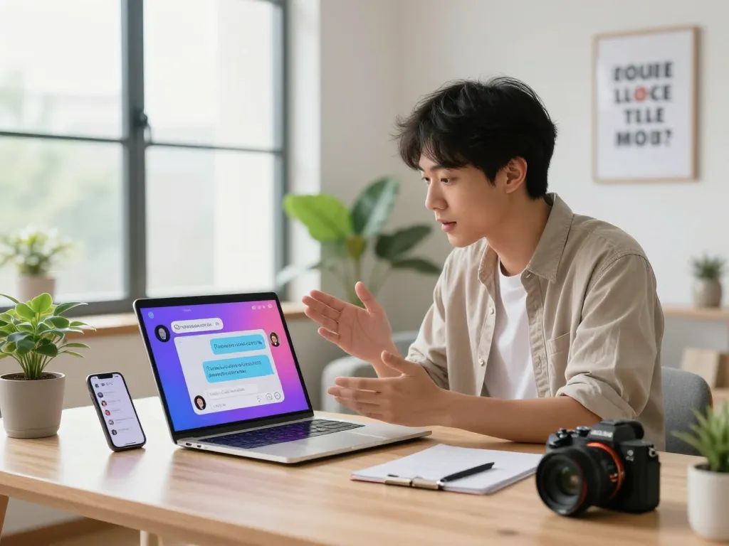 Engaging sex ai chat experience in a modern home office setting with digital chatbot on laptop.