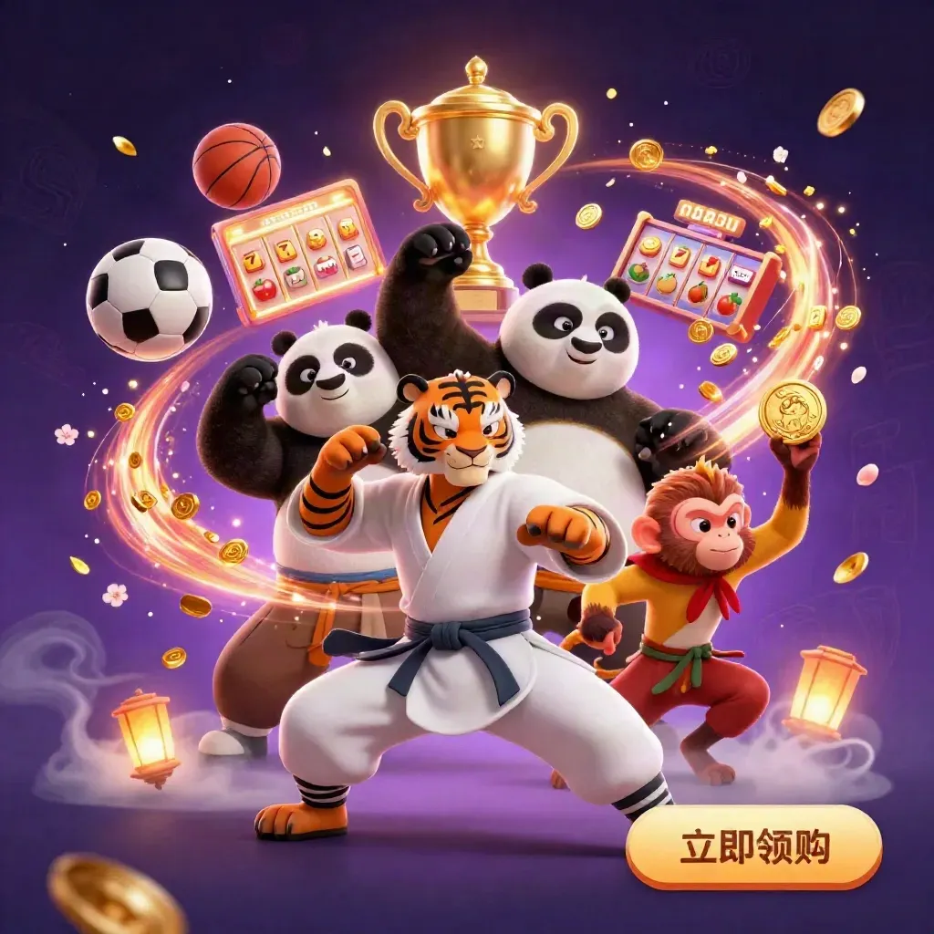 Drei Cartoon-Tiere kämpfen um Gold, mit Sportbällen, Slot-Symbolen und violettem Neon.