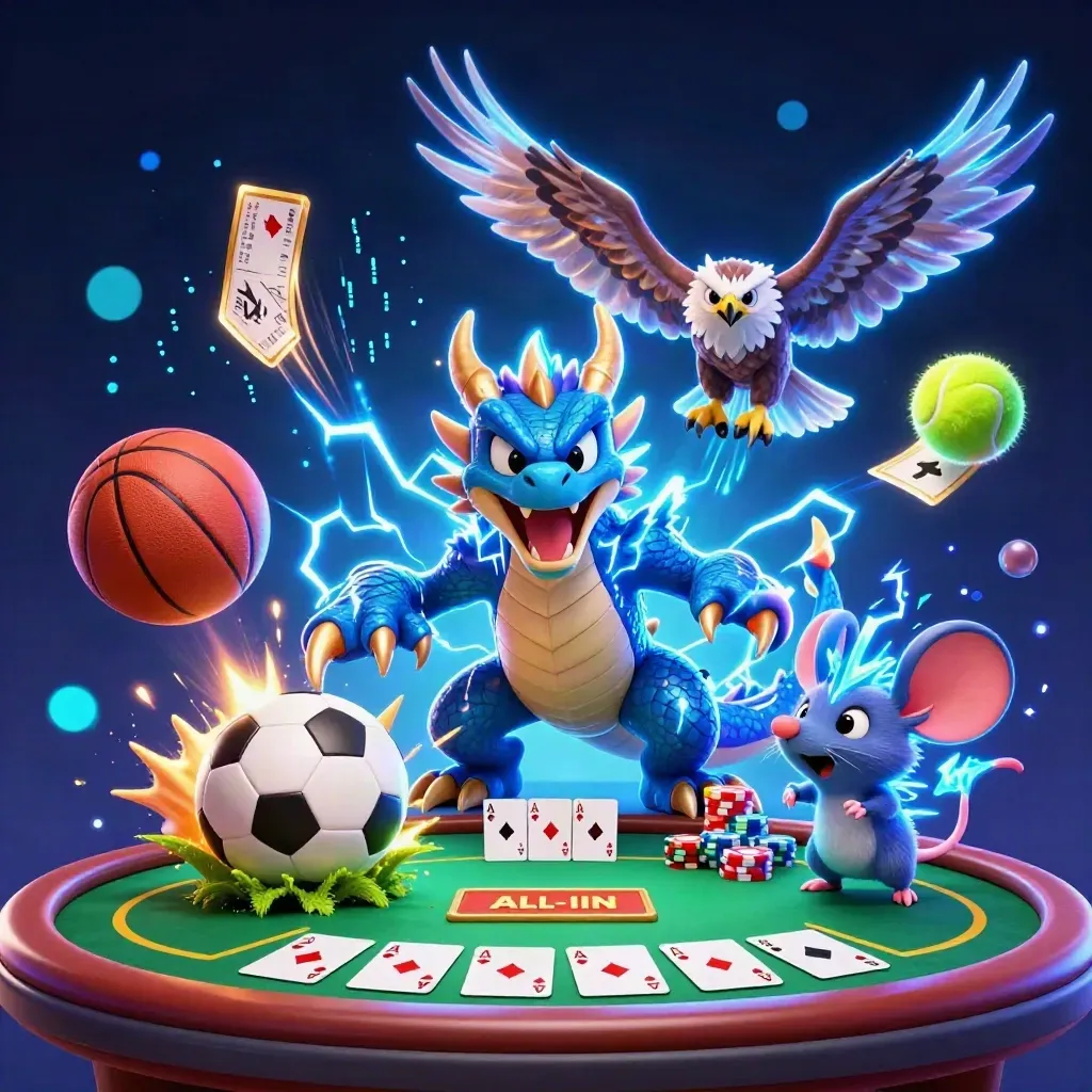 Blitzdrache, Windfalke und Maus zwischen Pokerchips, Bällen, Neonblitzen und dunklem Glamour.