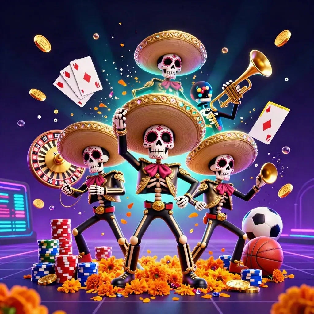 Totenschädel-Mariachi, Goldmünzen, Roulette und Neonlicht im dunklen Casino-Portal