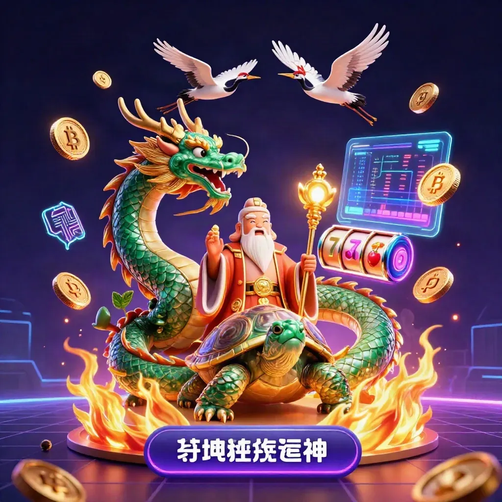 Jadegrüner Drache, Schildkröte und Kraniche mit Goldfeuer, Neonfunken und Coins.