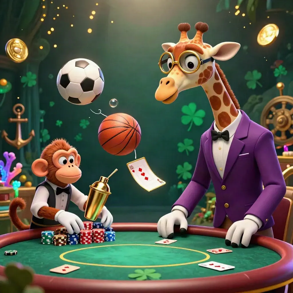 Giraffe, Affe und Chamäleon im goldenen Unterwasser-Casino mit Fußball, Basketball und Goldregen.