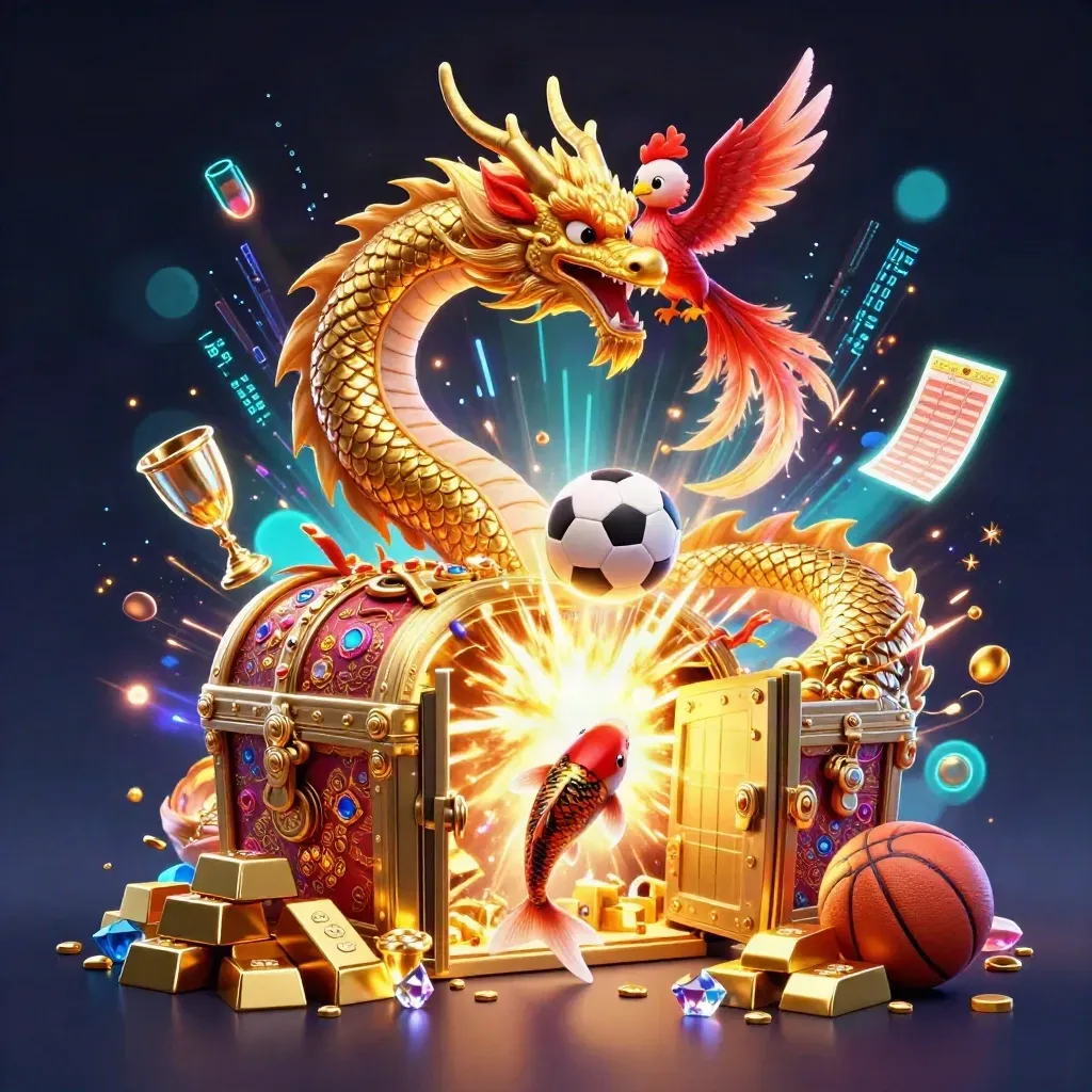Goldener Drache, Phönix, Koi und Handball vor glühendem Tresor im Neonlicht.