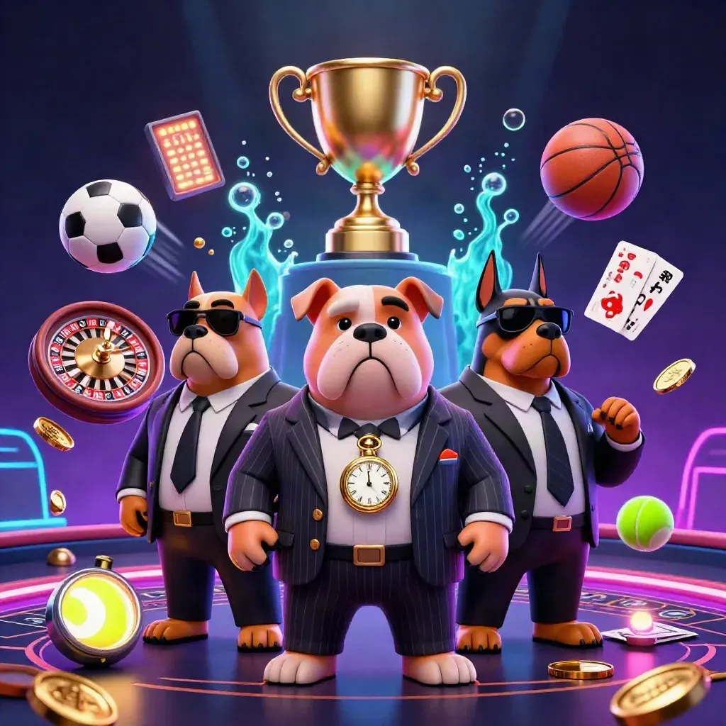Mafiahund mit Bodyguards in Neon-Casino, Gold, Sportbällen und Luxuslicht