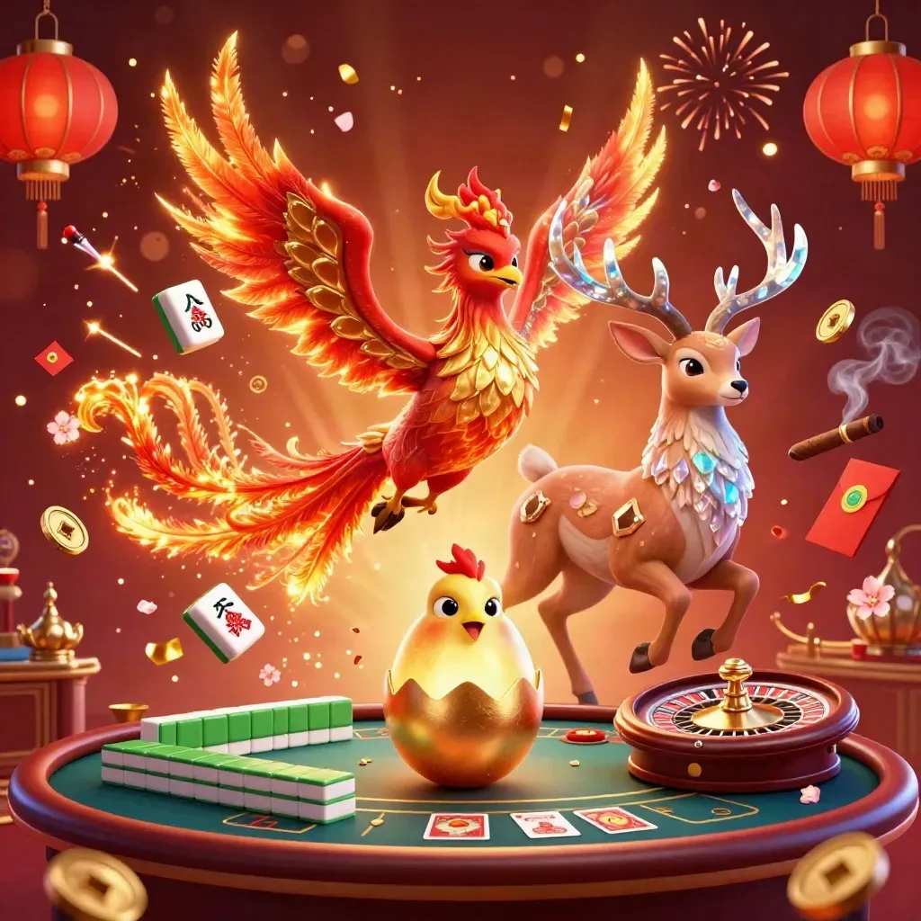 Feuerphönix, Babyphönix, Hirsch und Casino-Glanz in Gold, Plum und Rot