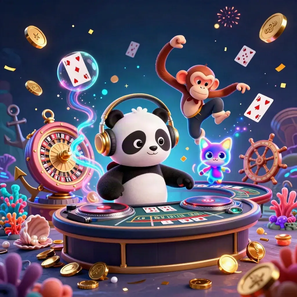Panda-DJ, tanzender Affe und leuchtendes Kätzchen im glamourösen Casino-Set.
