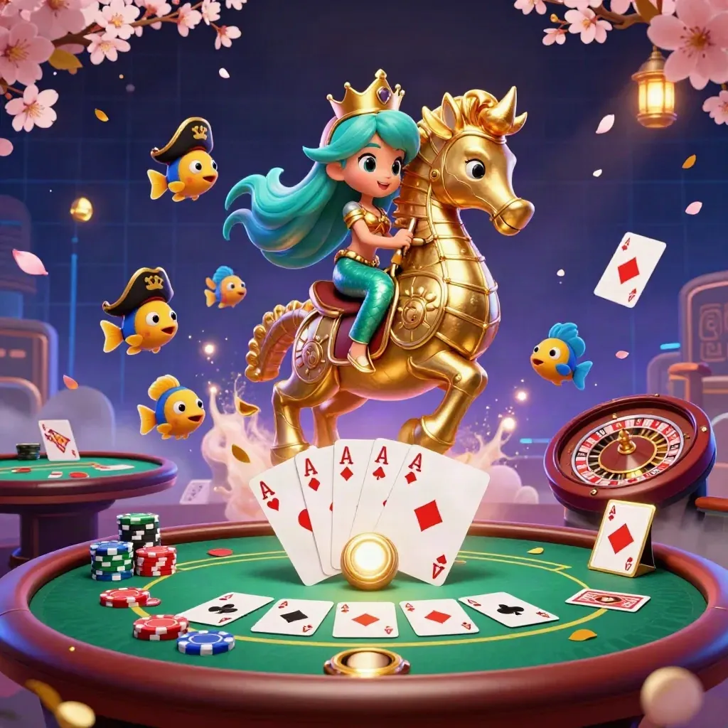Meerjungfrauenprinzessin auf Seepferdchen, umgeben von Piratenfischen, Poker, Roulette und Neon-Luxus.