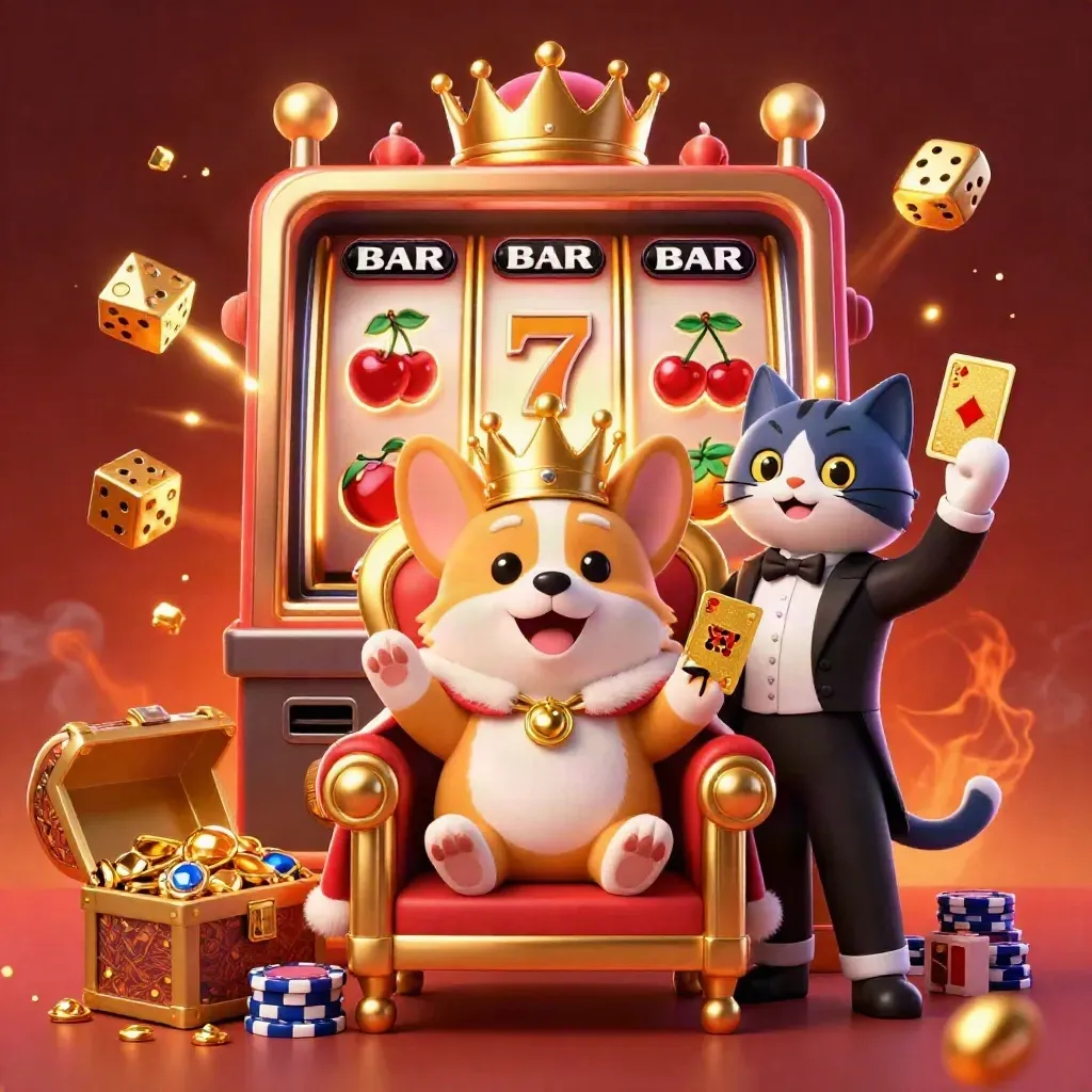 Königlicher Corgi und Katzenbutler auf Pokerchip-Thron, Gold und Glut explodieren.