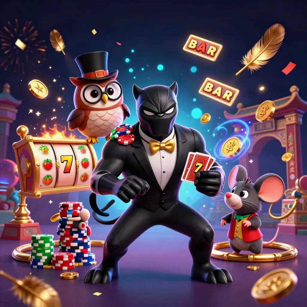 Panther, Eule und Maus im Glamour-Casino vor Tempeltor, Chips und Goldregen.