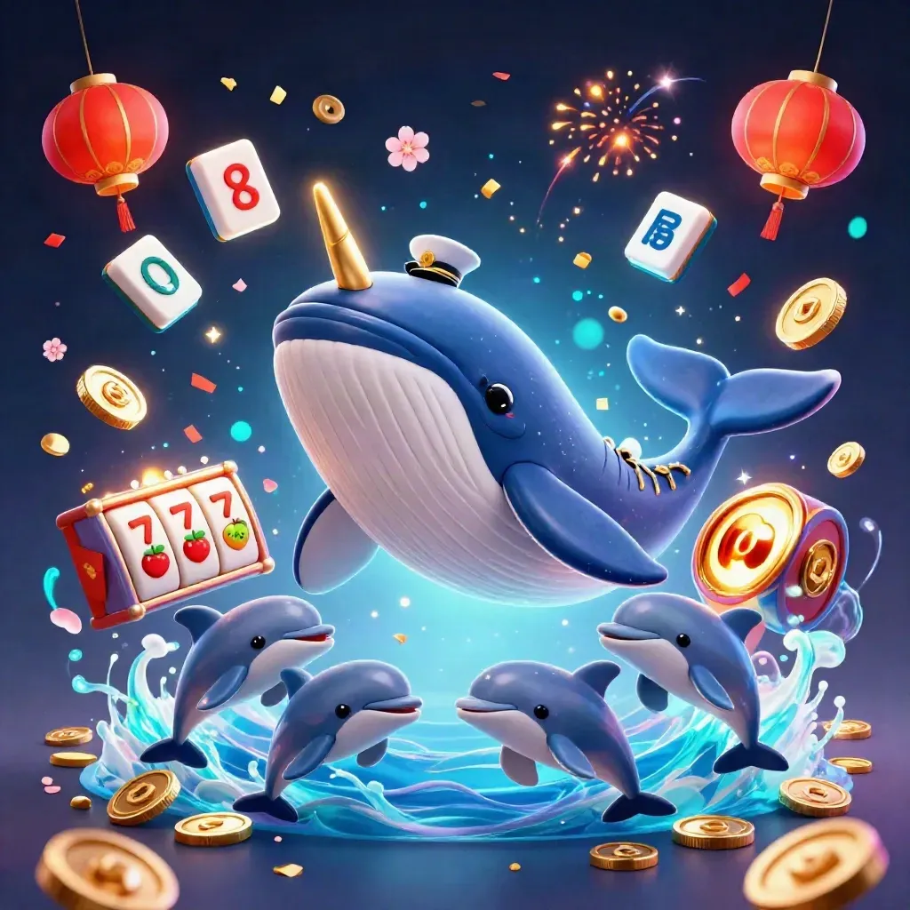 Walfisch, Narwal und Delfine in goldener Casino-Action mit Münzen, Konfetti und Blitzen