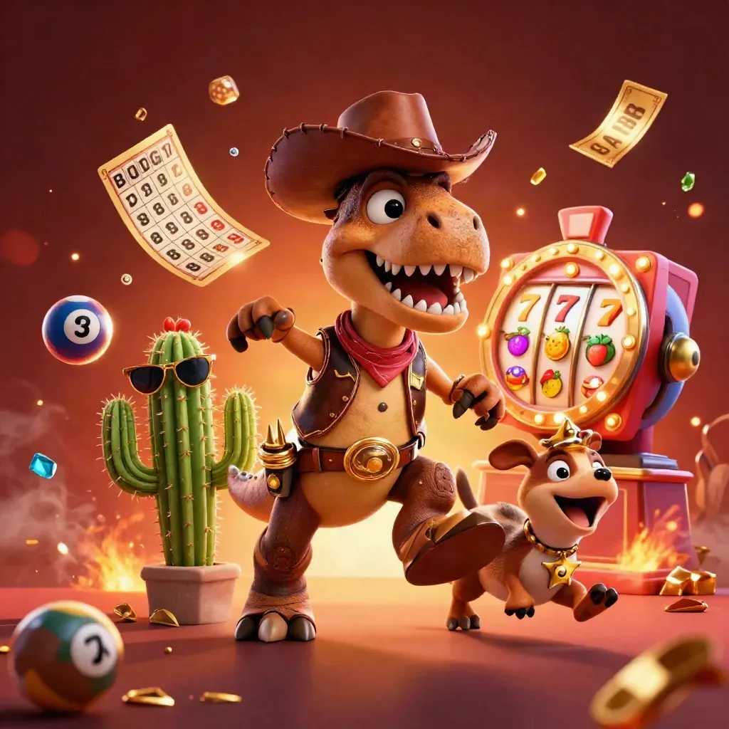 Cowboy-T-Rex, Kaktus und Roadrunner wirbeln mit Spielsymbolen und Goldfunken durch eine glühende Casino-Szene.