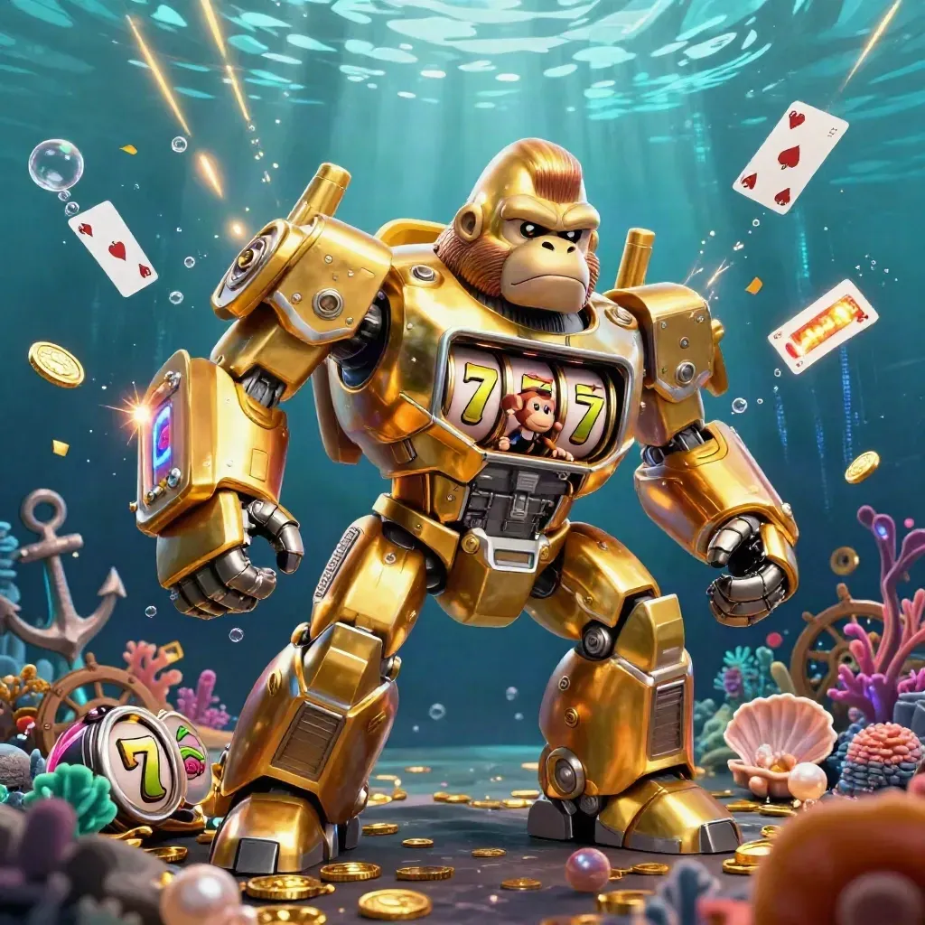 Goldener Gorilla-Mech im Unterwasser-Schatzcove mit Affenpilot, Münzen und Neon-Glanz