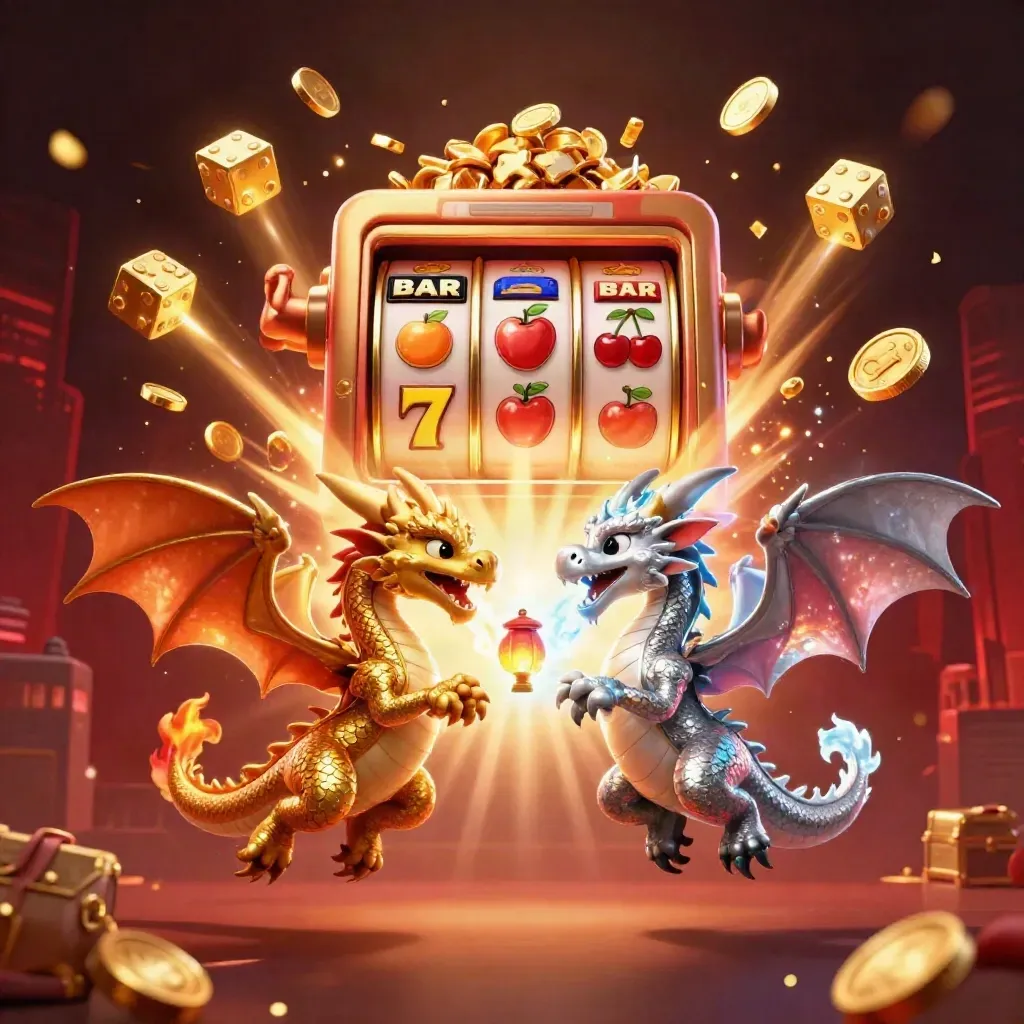 Goldener und silberner Drache mit Slot-Symbolen, Münzen und Feuerwerk vor dunkler Skyline