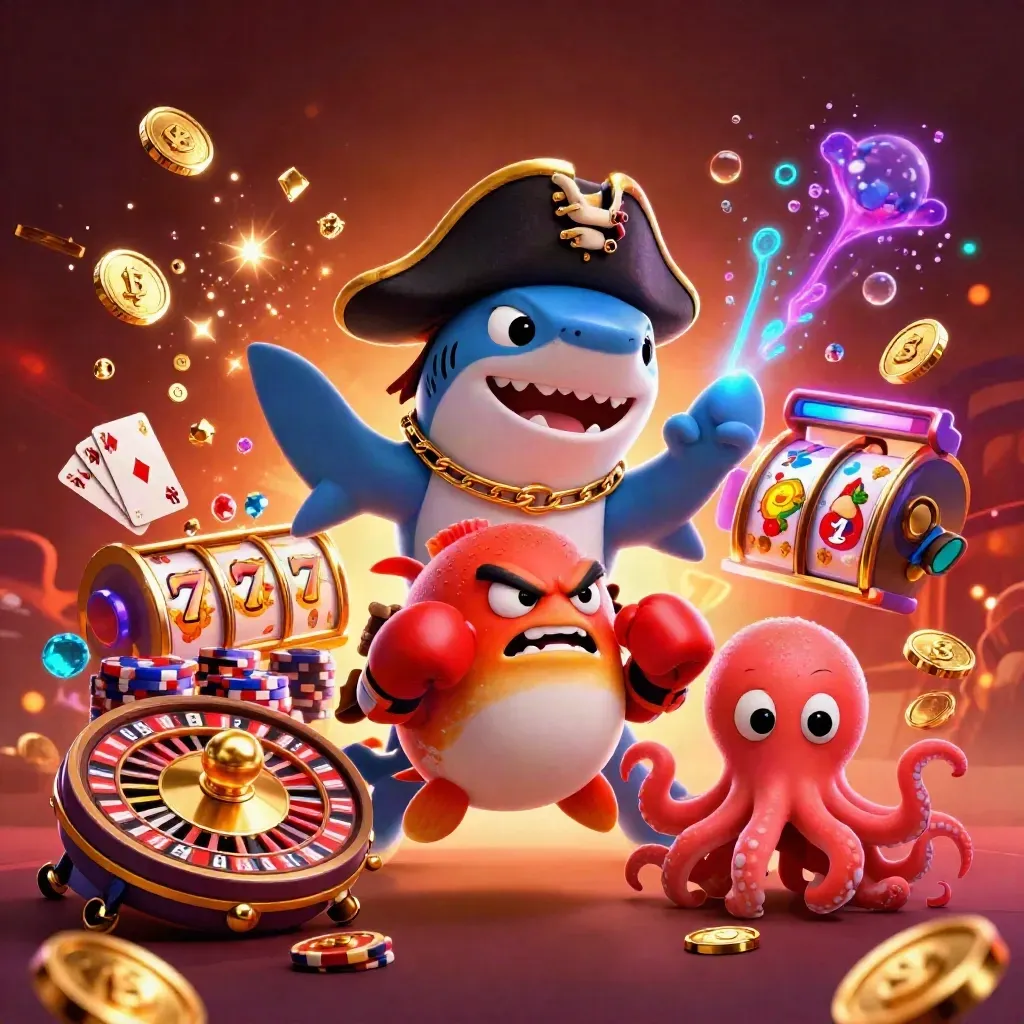 3D-Piratenhai, Pufferfisch und Babykrake vor Goldregen und Casino-Lichtern.