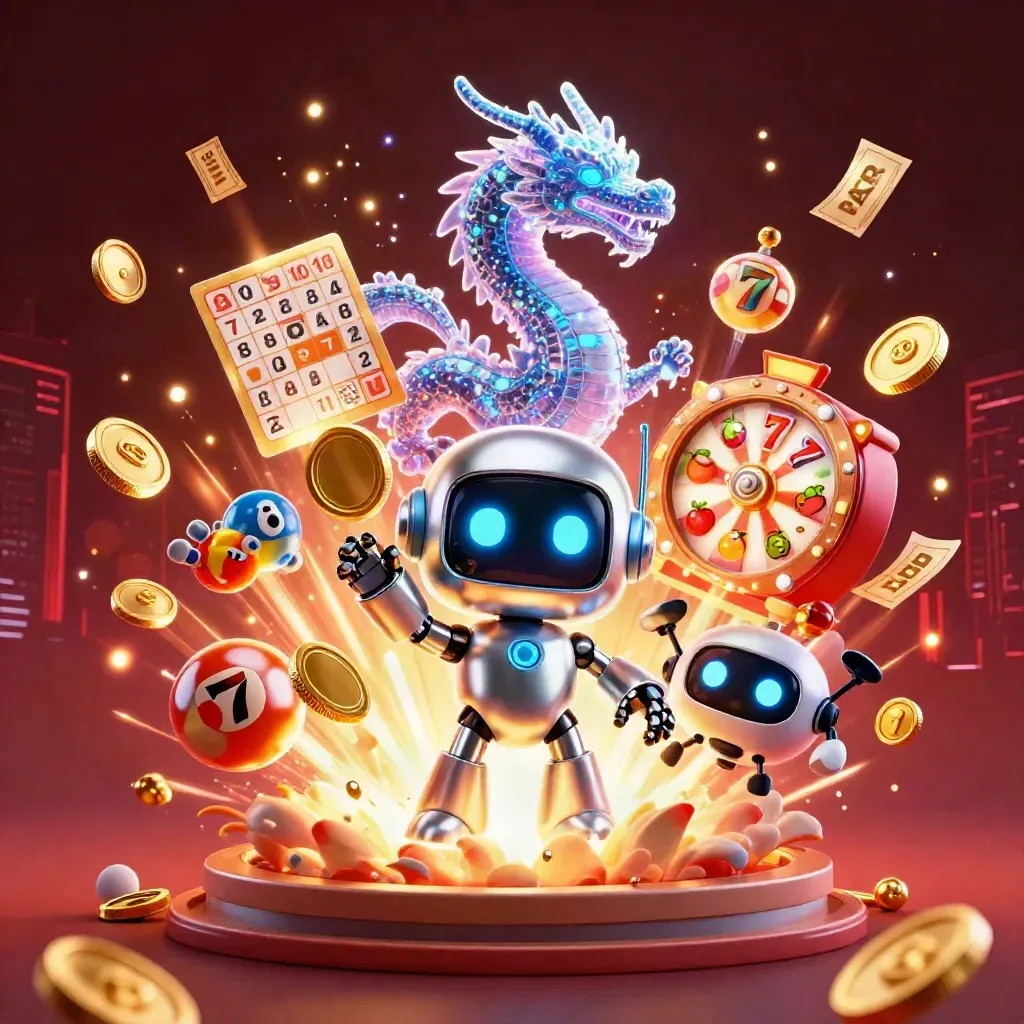 Robotermaskottchen, Hologramm-Drache und Coin-Drohne in einer goldenen Jackpot-Explosion.